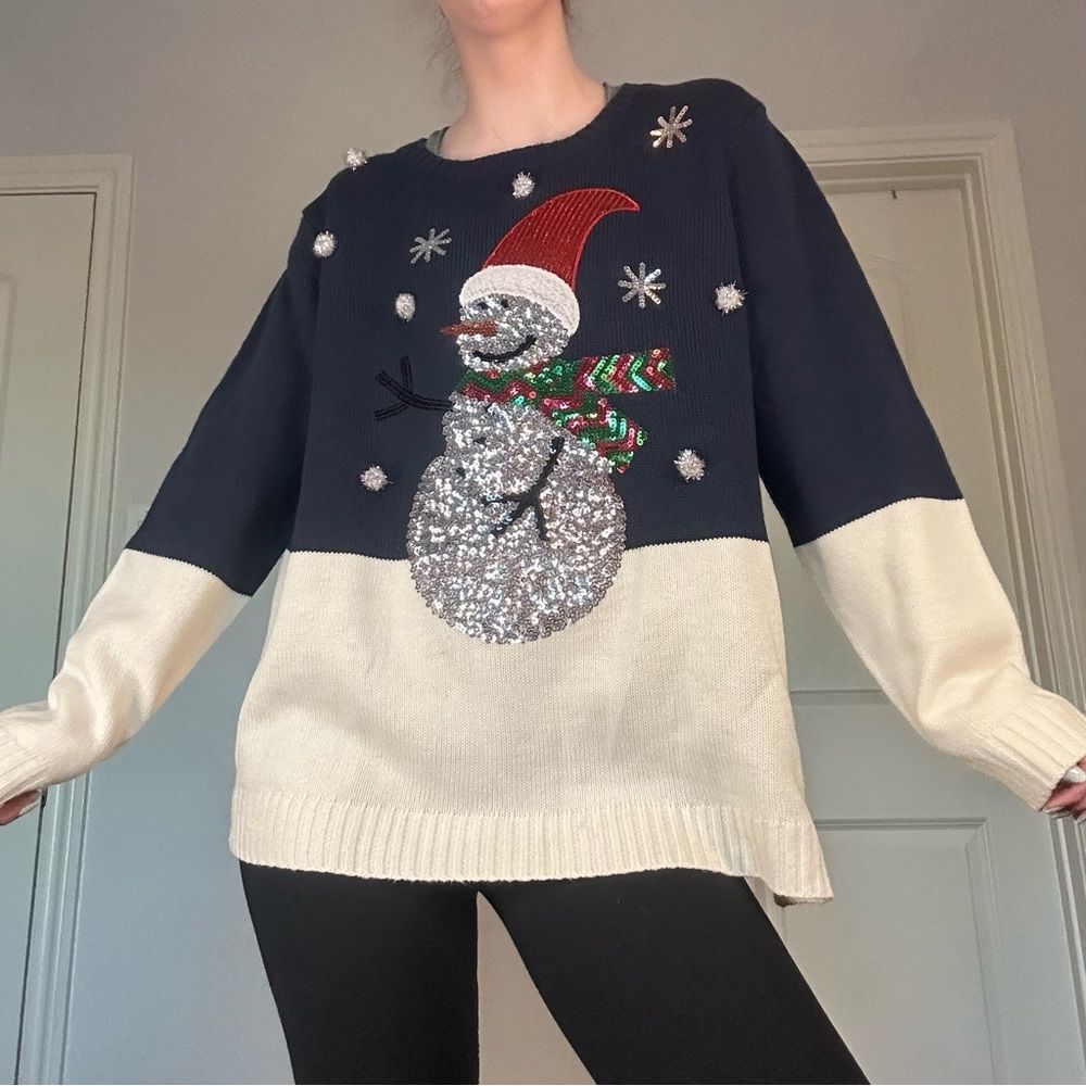 Women’s Navy/White Sequined Snowman Christmas Sweater by Holiday Time Sz (16/18)